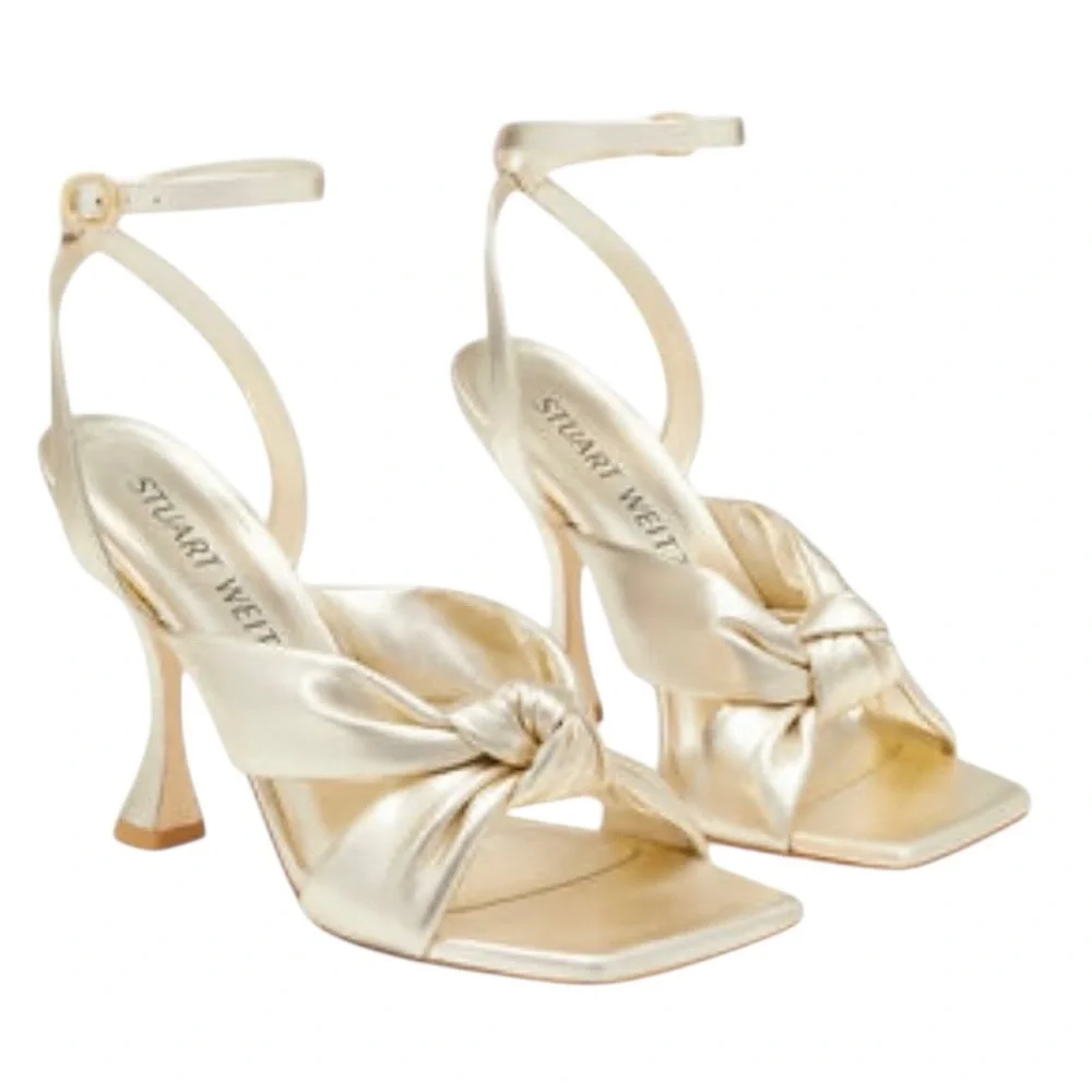 Stuart Weitzman Playa Metallic Leather Square Toe Knotted Ankle Strap Stiletto